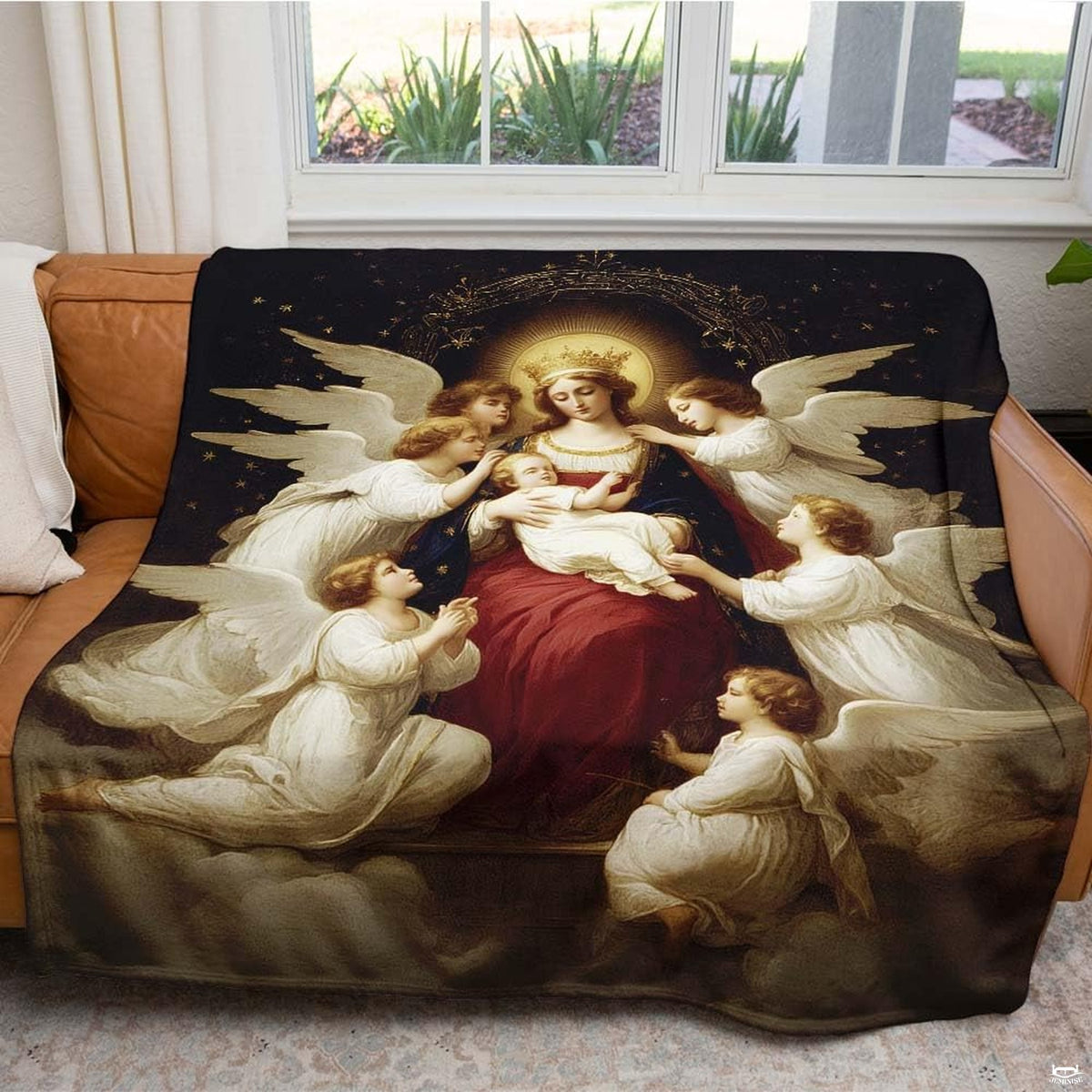 Devotional bedroom styling featuring classical Christian Renaissance sacred art motif.