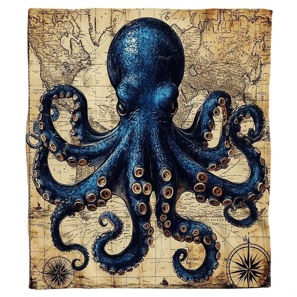 Close-up of intricate kraken tentacles and suckers printed on oceanic bedding against an antique sepia map.