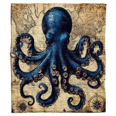 Close-up of intricate kraken tentacles and suckers printed on oceanic bedding against an antique sepia map.