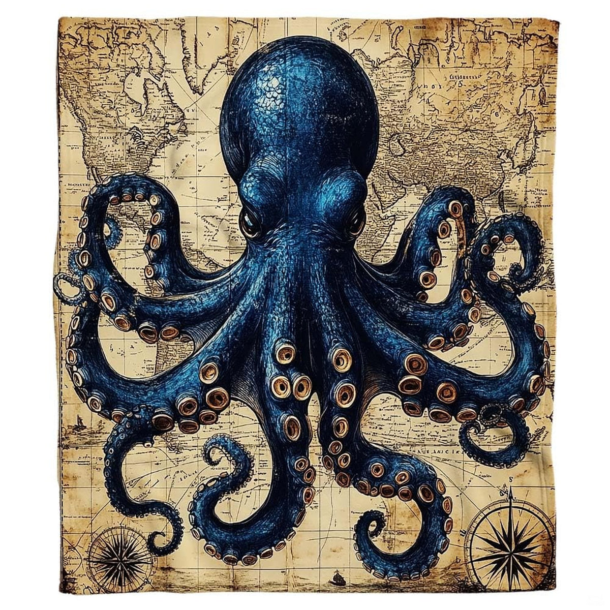 Close-up of intricate kraken tentacles and suckers printed on oceanic bedding against an antique sepia map.