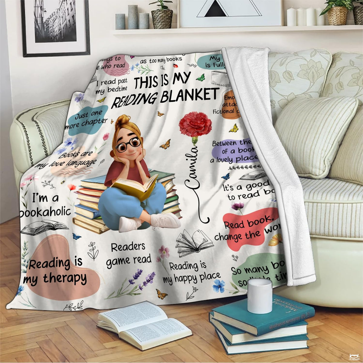 Customization guide for the bookish sayings throw blanket showing multiple character hair and clothing options.
