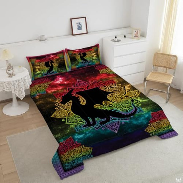Angled bedroom view highlighting rainbow nebula galaxy dragon bedding with matching printed pillow shams.