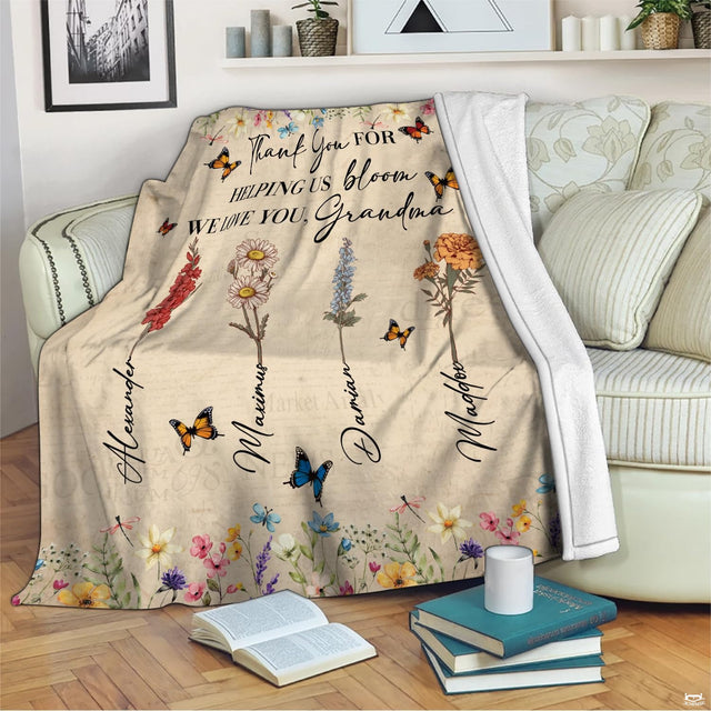 Sentimental grandma flower throw blanket draped across living room sofa