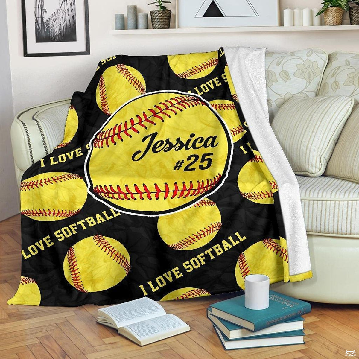 Optic balls pattern textile drape folded neatly on wooden bench