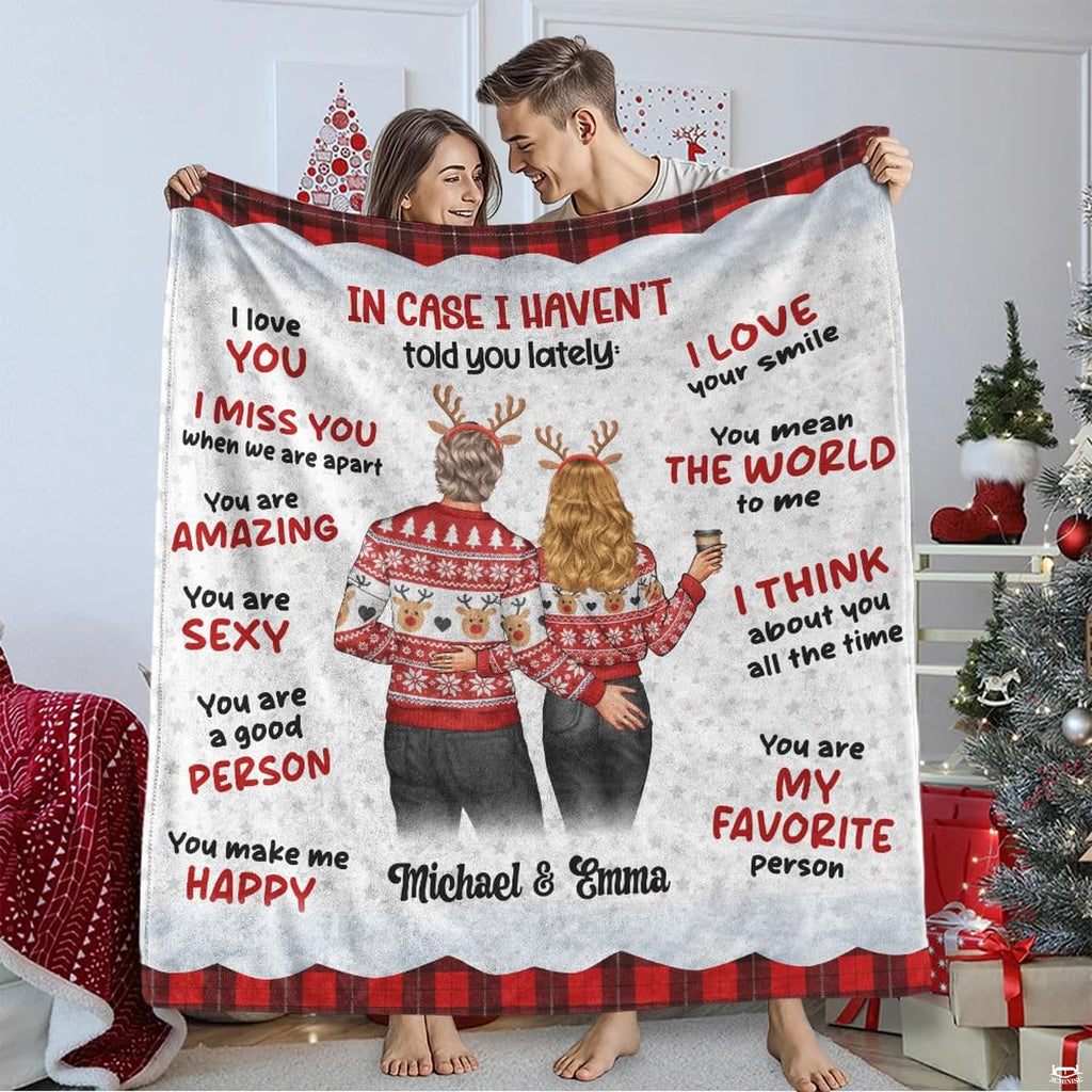 Holiday couple in Nordic sweaters with romantic quotes and red buffalo check plaid borders, view 1.
