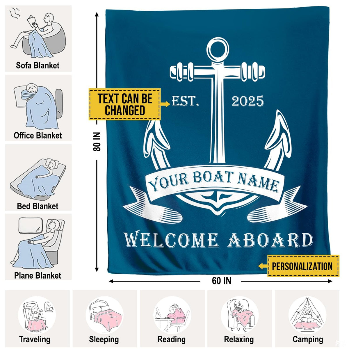 Overhead look at stylized anchor flukes and linework on a coastal blue bedding set.