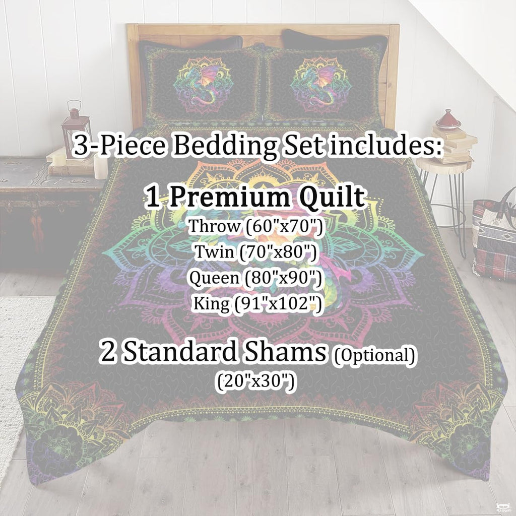 Rainbow dragon mandala bedding mockup with ornamental borders