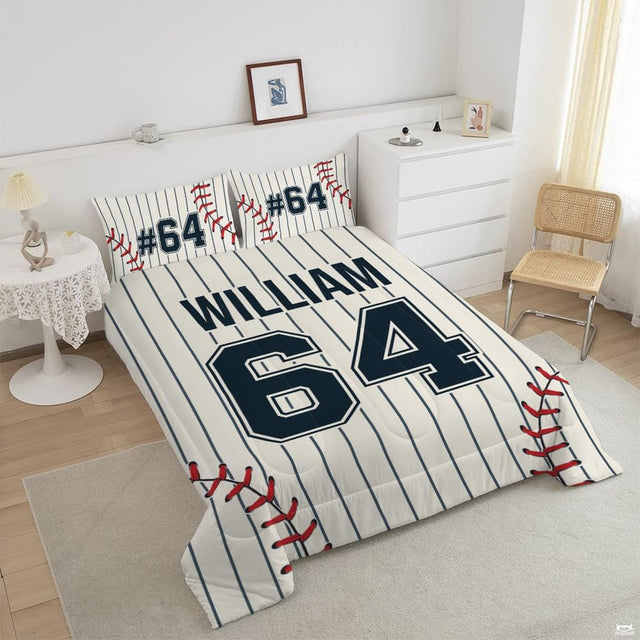 Close up of athletic jersey block numbering and ball seam accents on a pillow bedding set theme.
