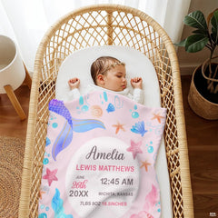 Watercolor mermaid artwork blanket folded on nursery armchair