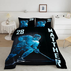 Dark slate navy ice hockey goalie player sports bedding set displayed neatly on a bed in a modern youth bedroom