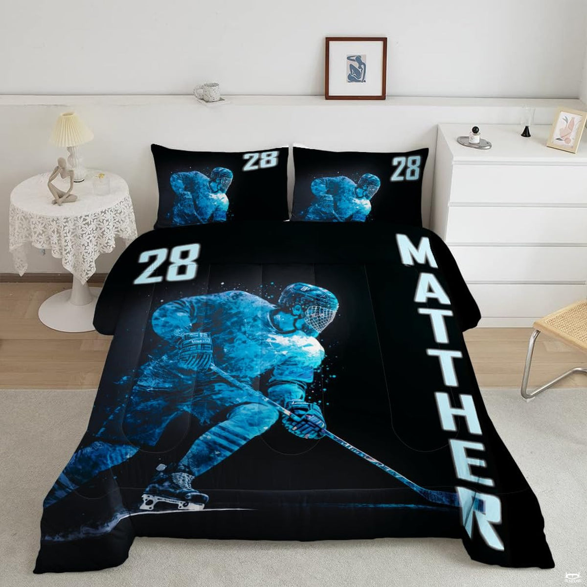 Dark slate navy ice hockey goalie player sports bedding set displayed neatly on a bed in a modern youth bedroom