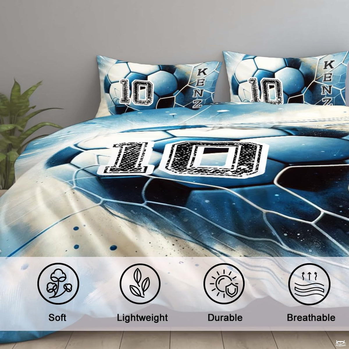 Angle view of athletic soccer bedding highlighting slate tones and crisp ball panel artwork