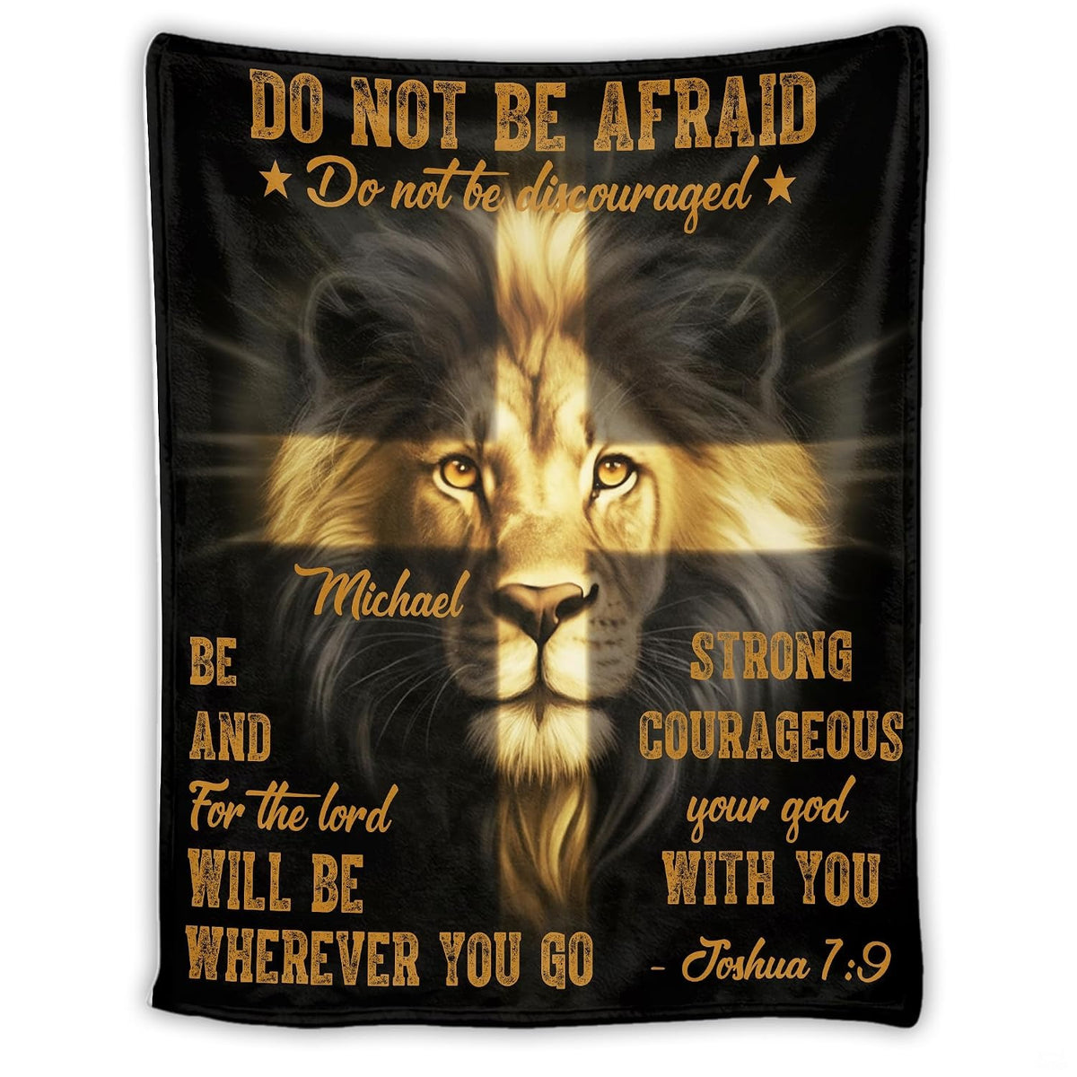 Graphic print featuring an expressive lion face illuminated by a shining golden cross on black.