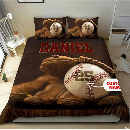 Vintage sports bedroom ideas featuring realistic baseball glove artwork on dark wood panels.