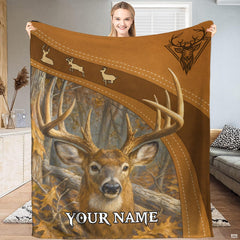 Whitetail buck autumn wildlife blanket featuring realistic deer portrait and saddle tan band.