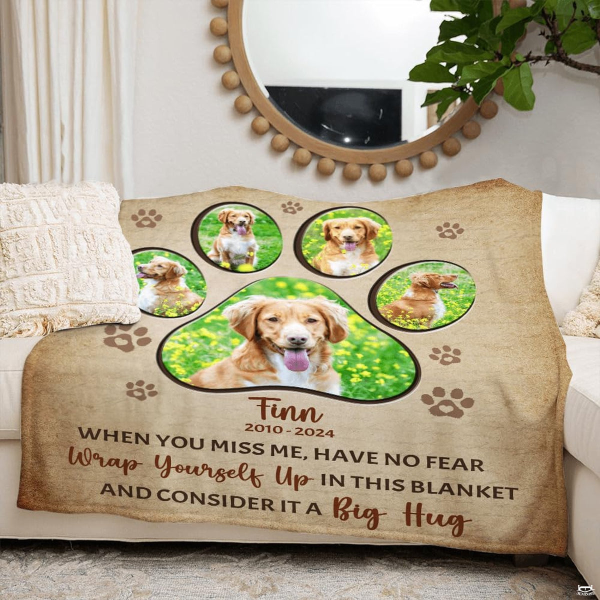 Detailed quad perspectives highlighting fine dog portrait printing and paw accents on throw blanket.