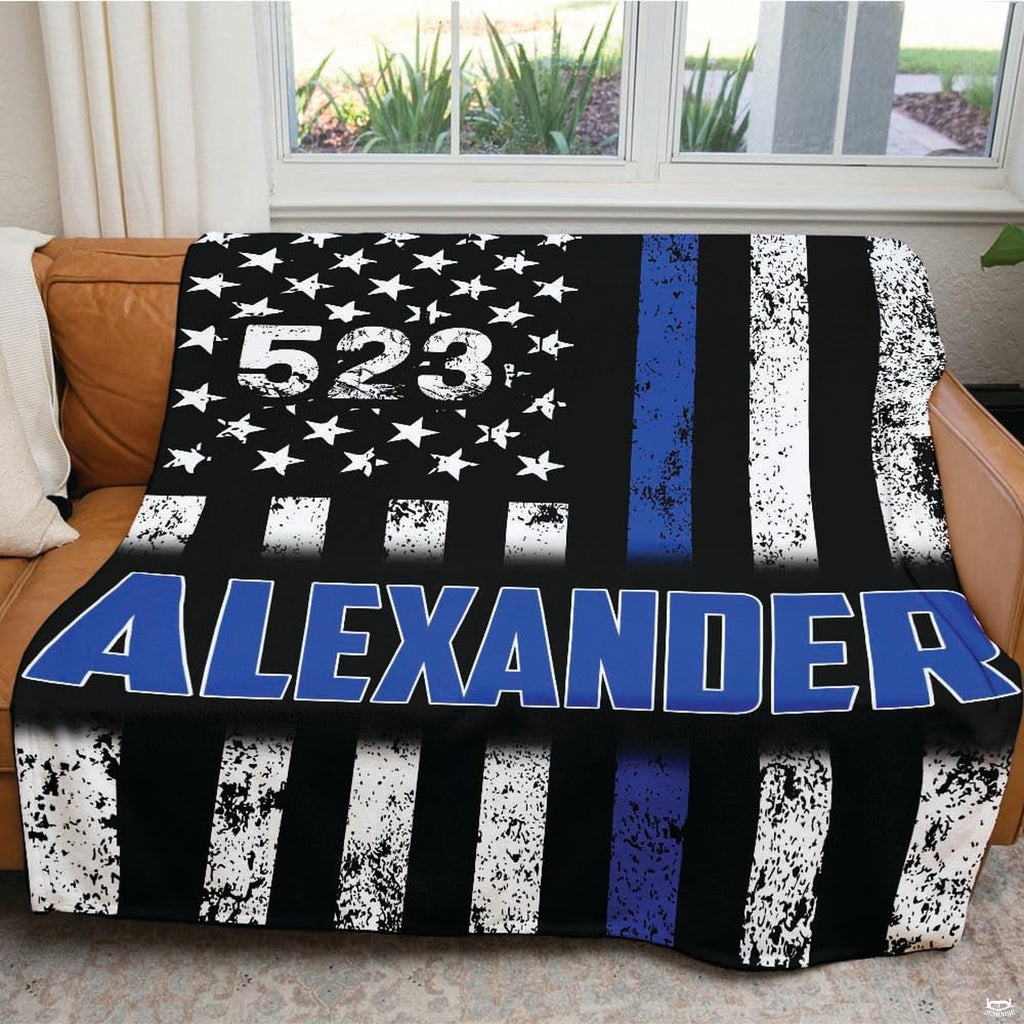 Patriotic law enforcement motif showing crisp stars and vivid blue line contrast.