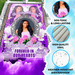 Close perspective of celestial clouds and flying white doves on purple tribute drape