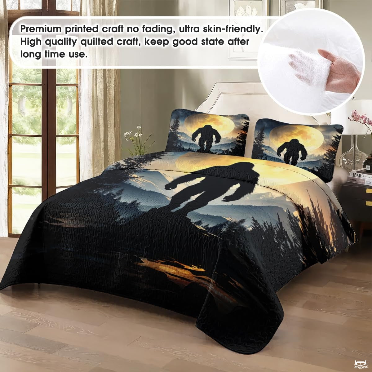 Personalized Bigfoot Moon Mountain Night Quilt Set, Machine Washable