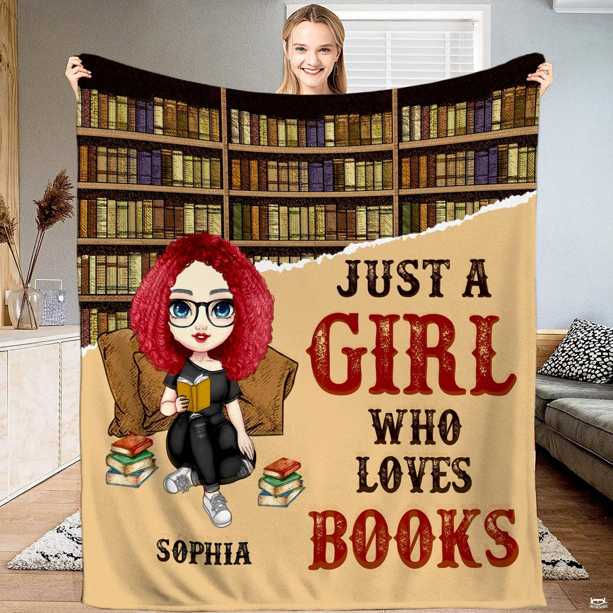 Full graphic design of circular library reader girl throw blanket showing all visual elements.