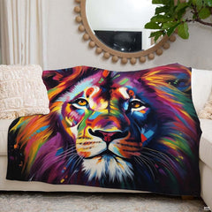 Angled view of vibrant multicolored lion head bedding set accentuating dramatic neon tones against midnight black.