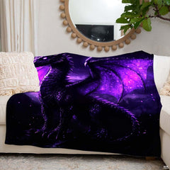 Feature diagram for the purple galaxy dragon throw blanket showing rich print quality and durable construction.
