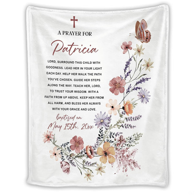 Baptism prayer layout with watercolor wildflowers, cross, and butterfly, view 2.