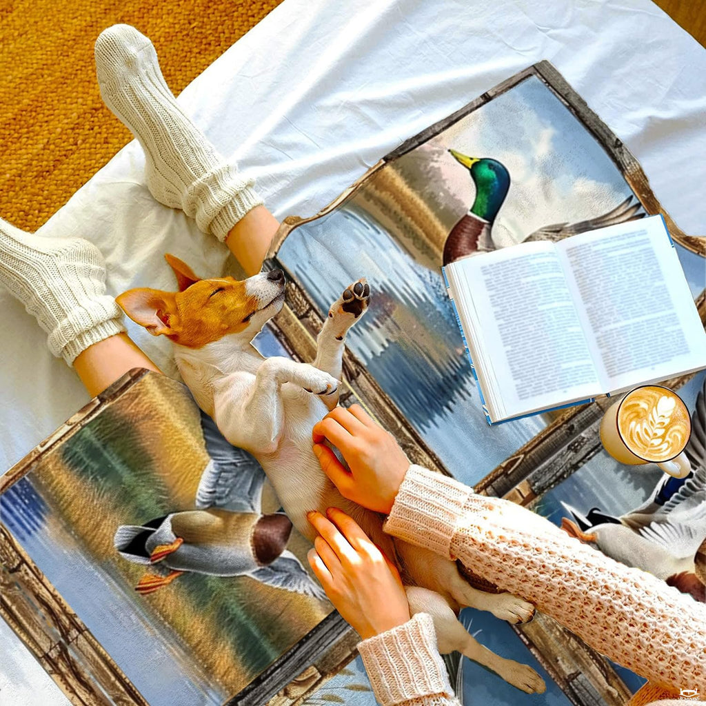 Mallard duck grid throw blanket view 3 highlighting nine wood-framed panels, waterfowl action, and lake scenes