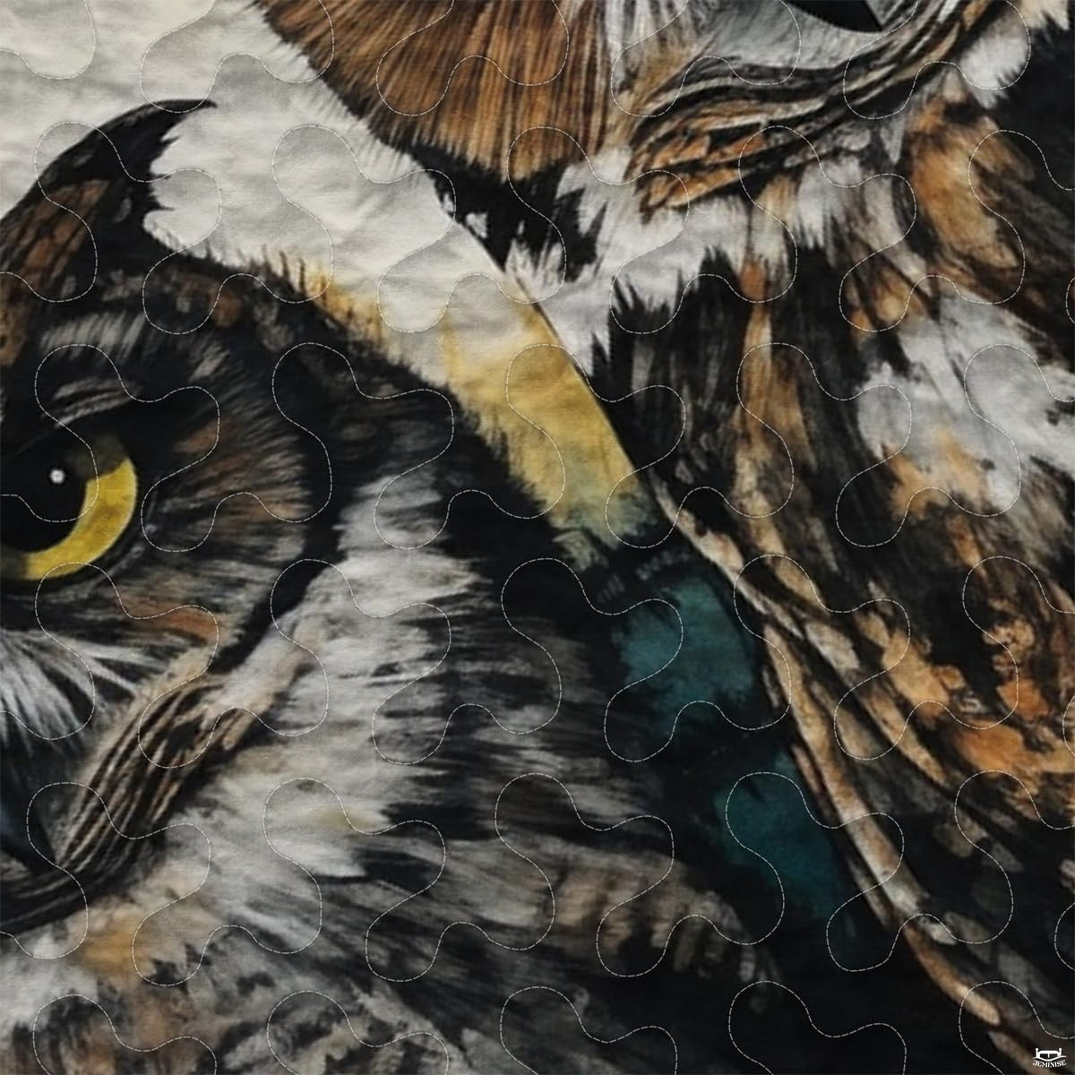 Close-up view of owl bedding highlighting detailed cedar feather plumage, curved beak, and inquisitive eyes