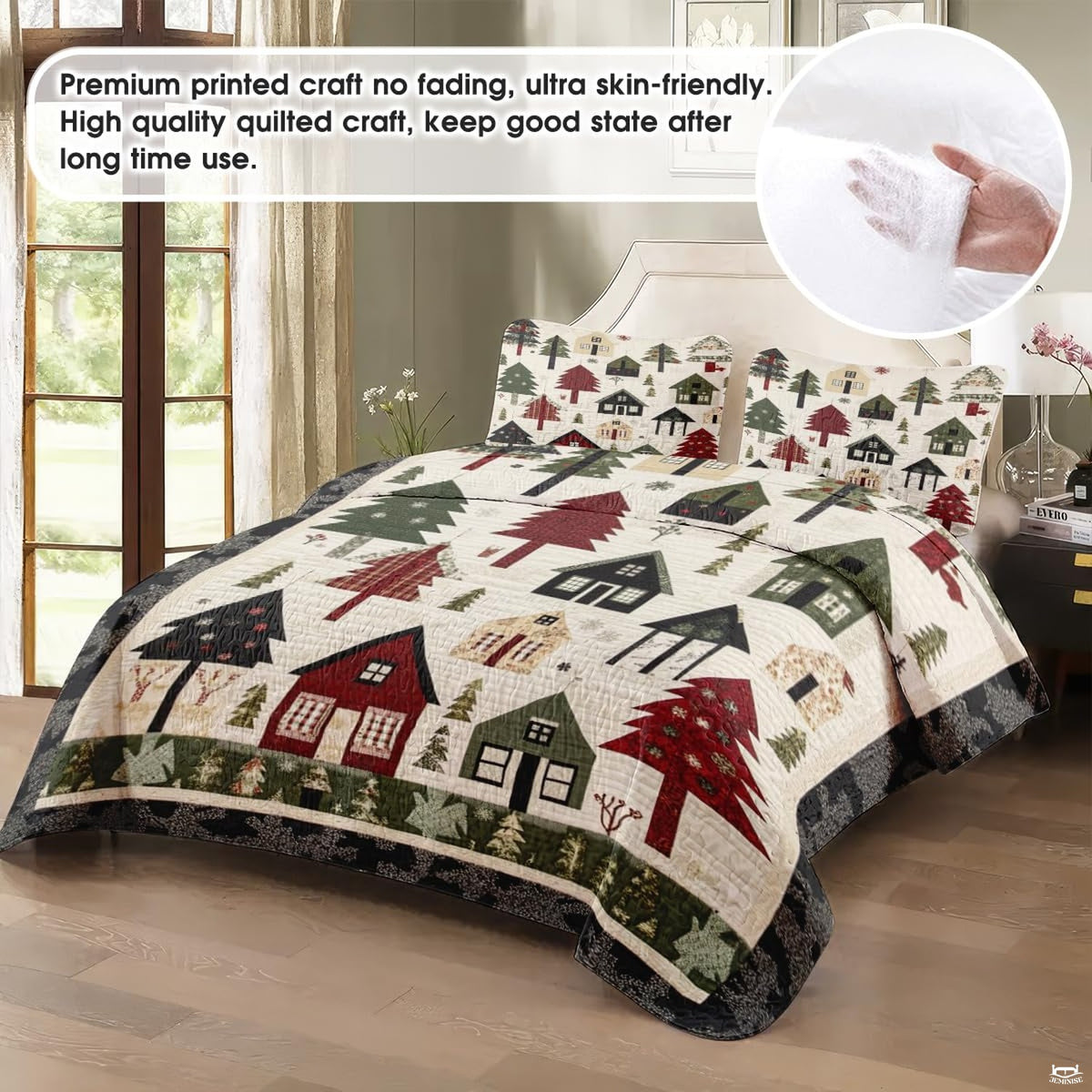 Close-up view of holiday bedding showcasing snowman illustration, snowy parchment tones, and pine wreath