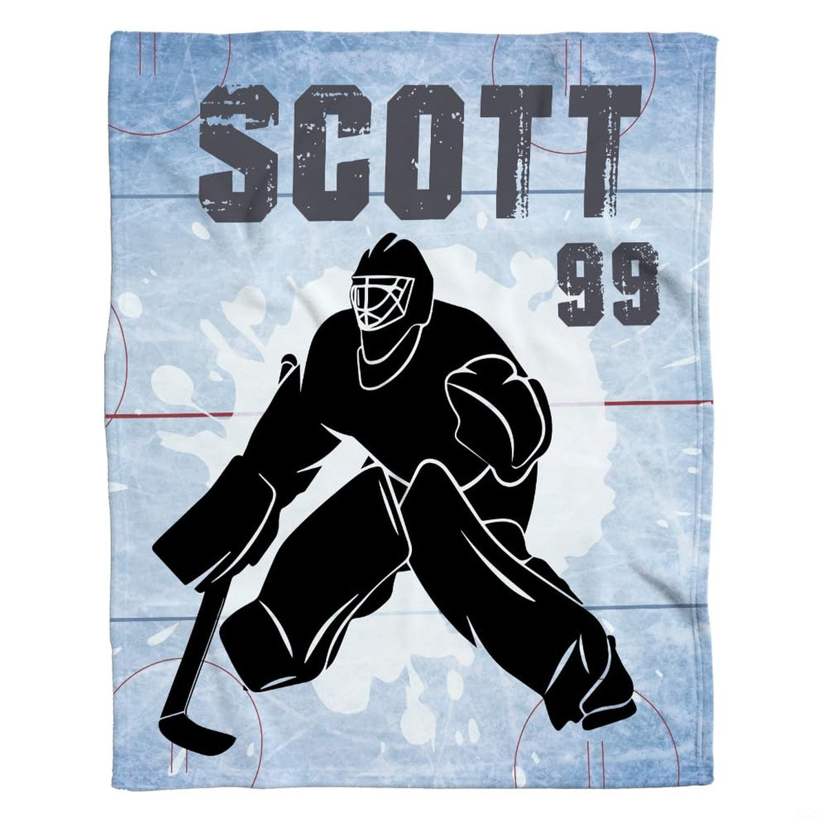 Hockey goalie silhouette blanket showing goaltender poised over ice rink markings and splatters.