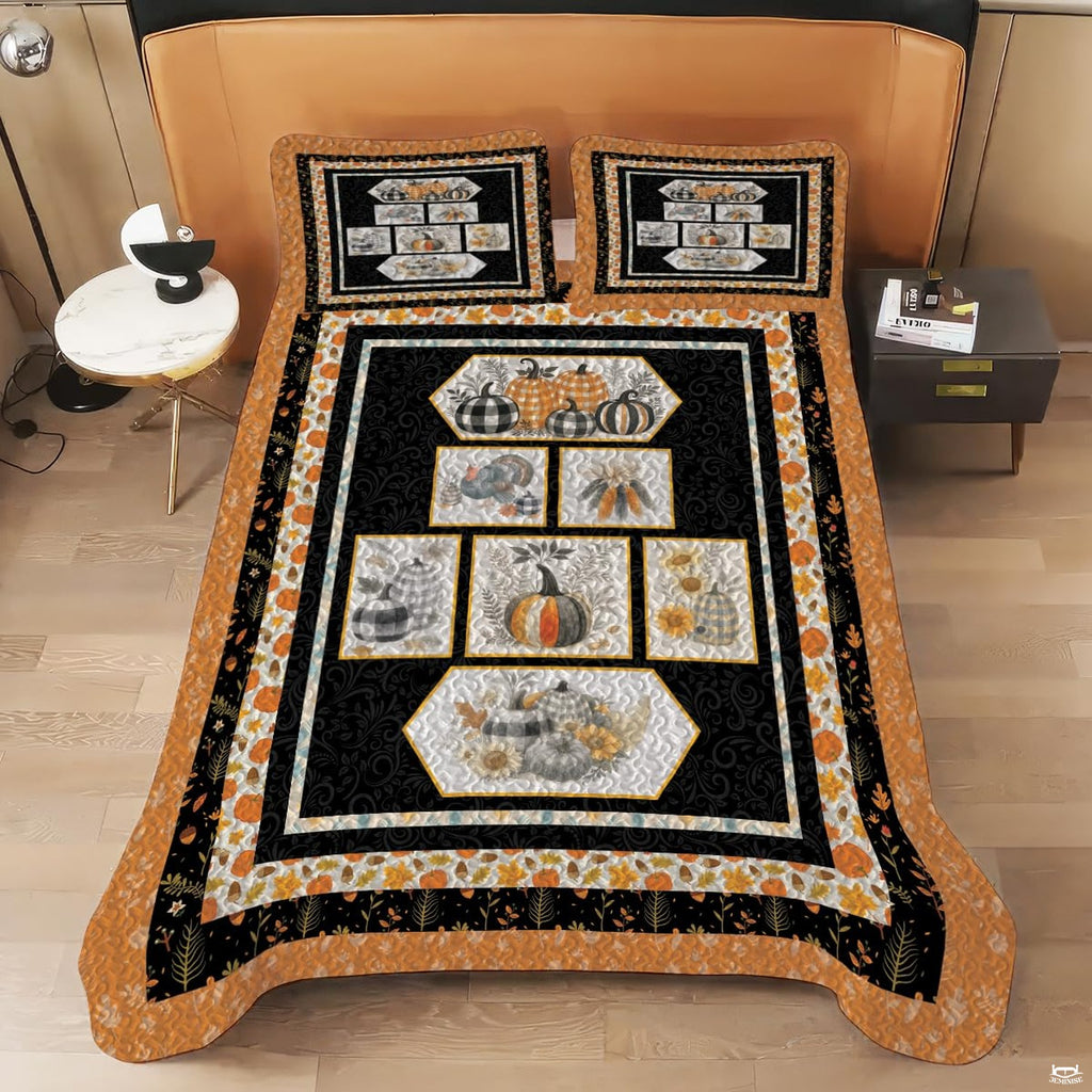 Complete aesthetic presentation of fall pumpkin bedding styled in a rustic bedroom.