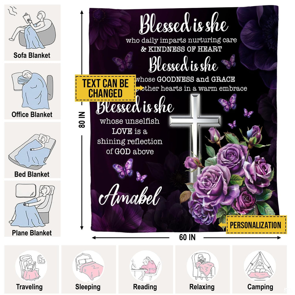 Custom Purple Floral Christian Cross Blanket, Machine Washable