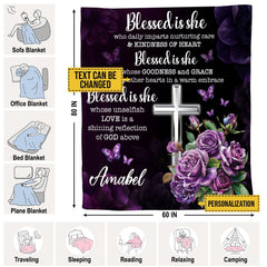 Custom Purple Floral Christian Cross Blanket, Machine Washable