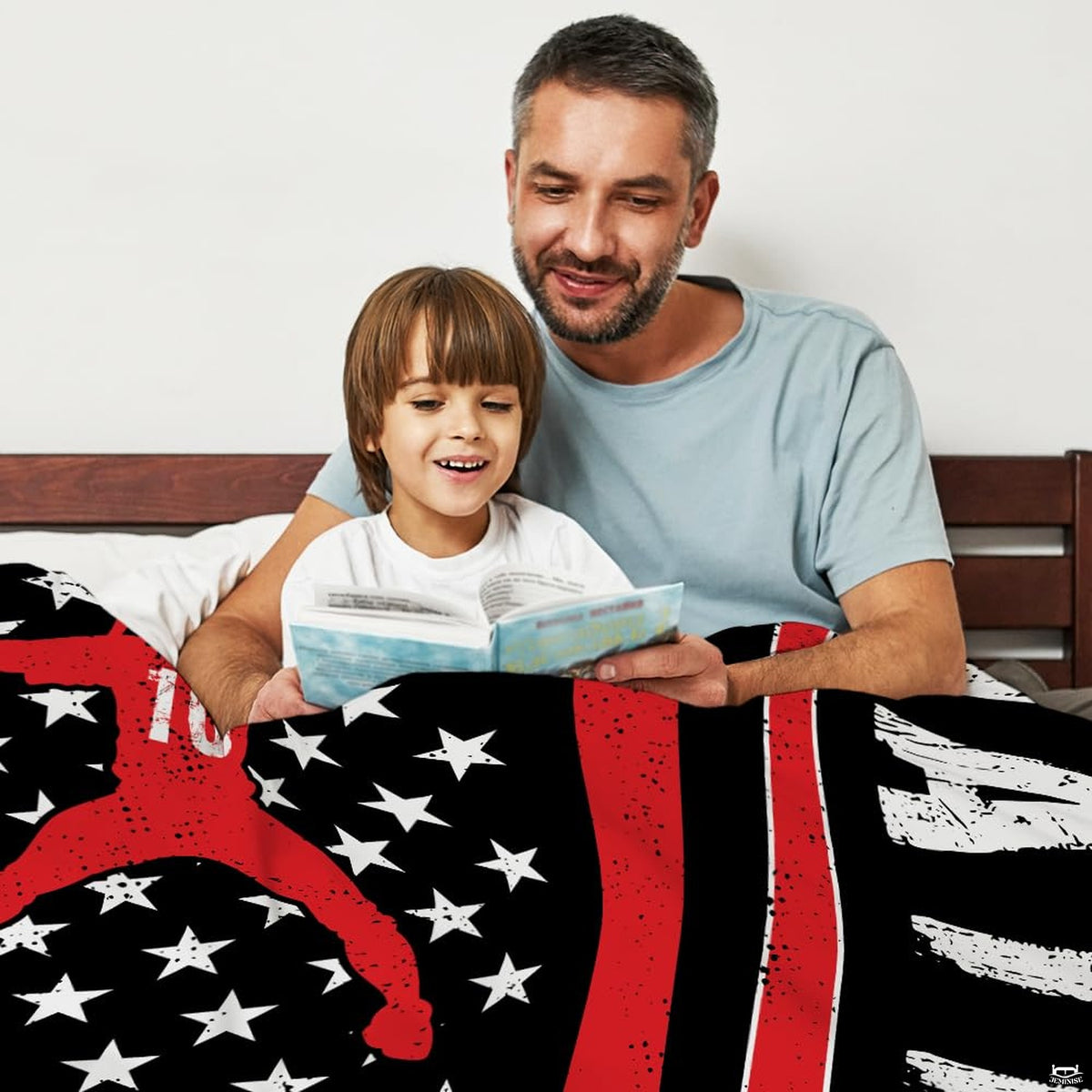 Baseball batter American flag throw blanket view 3 highlighting red flag stripes, stars, and room styling