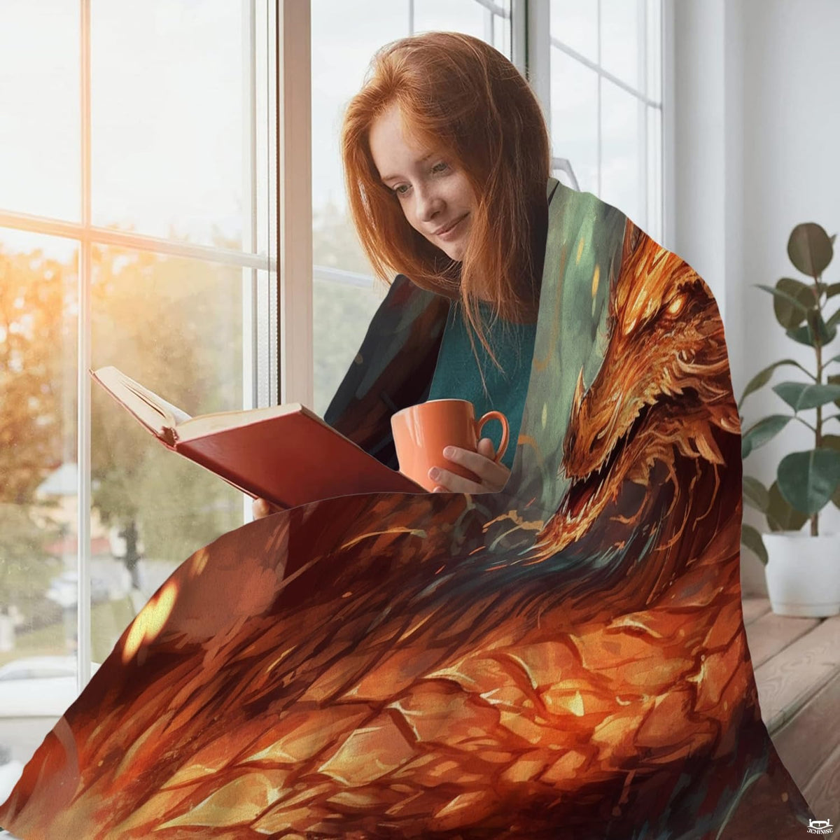 Lifestyle view of a person wrapped in the fire dragon fantasy throw blanket by a sunny window.