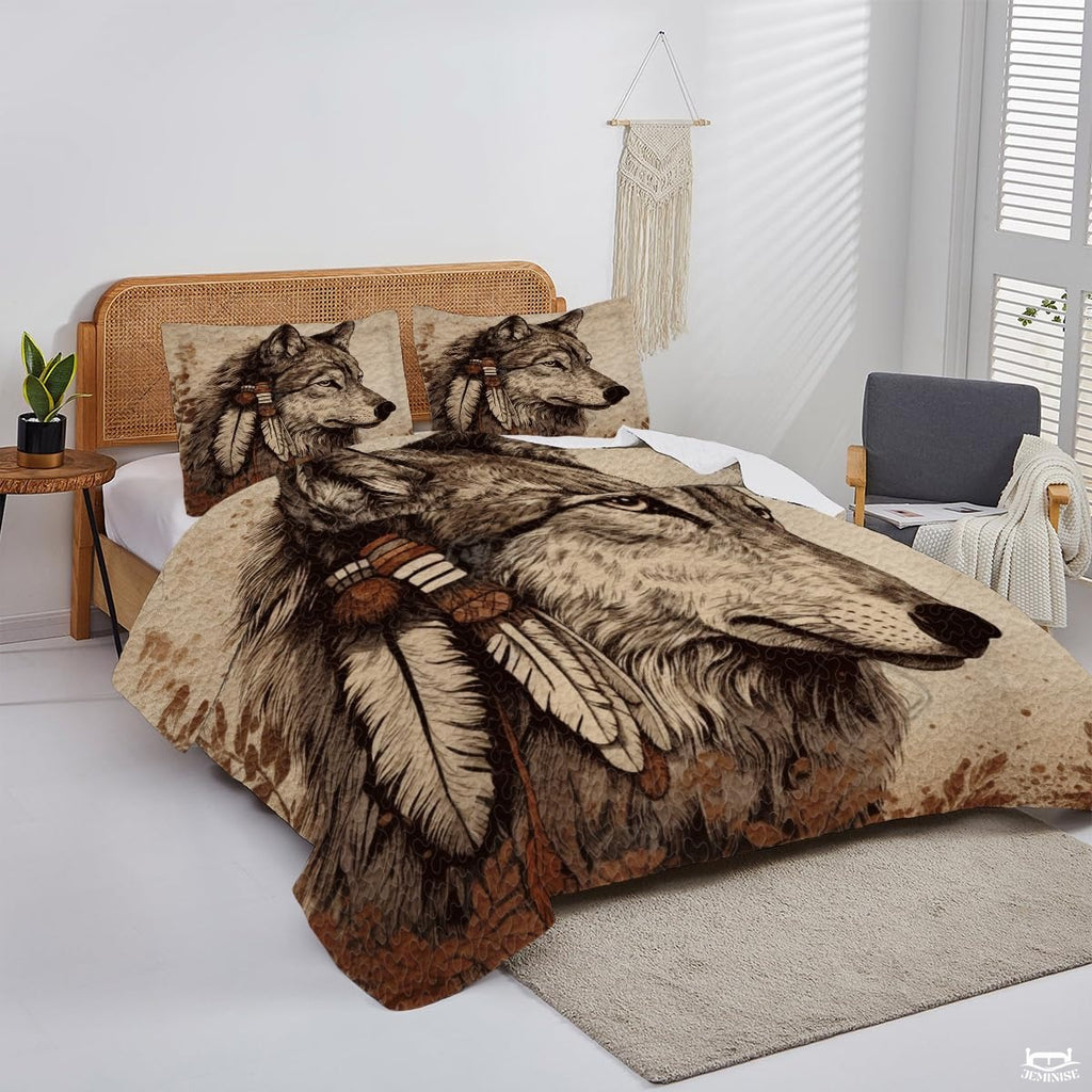 Custom Wildlife Wolf Head with Feathers in Profile Comforter