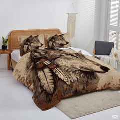 Custom Wildlife Wolf Head with Feathers in Profile Comforter