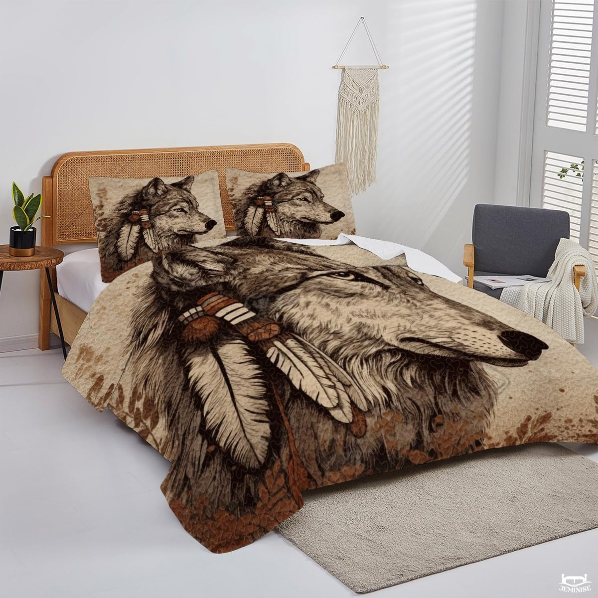 Custom Wildlife Wolf Head with Feathers in Profile Comforter