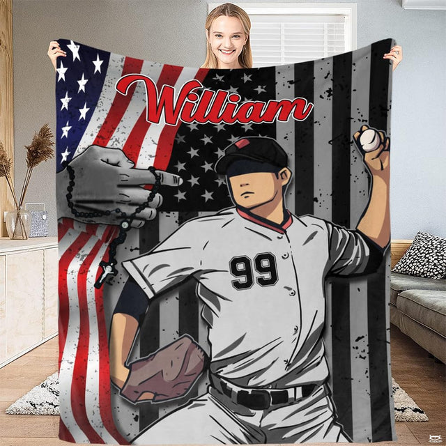 Patriotic baseball pitcher throw blanket view 2 highlighting pitcher artwork, flag graphics, and room decor
