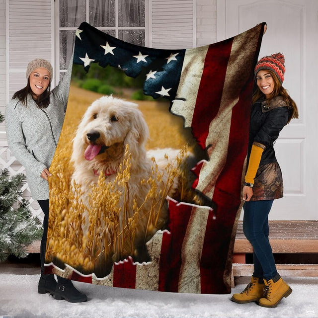 Patriotic doodle dog torn american flag blanket held outdoors by models