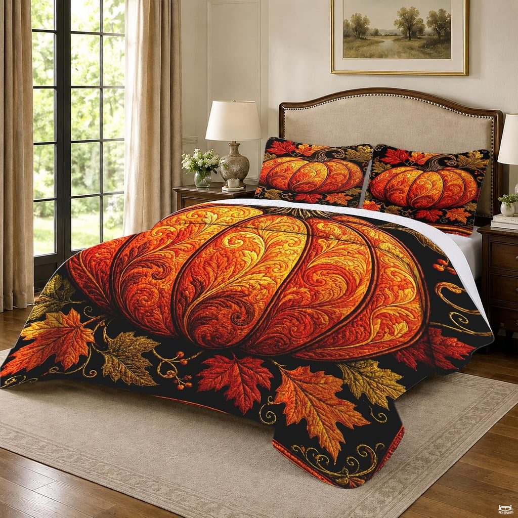 Top-down view of carved harvest pumpkin bedding set neatly displayed on a contemporary bedroom mattress