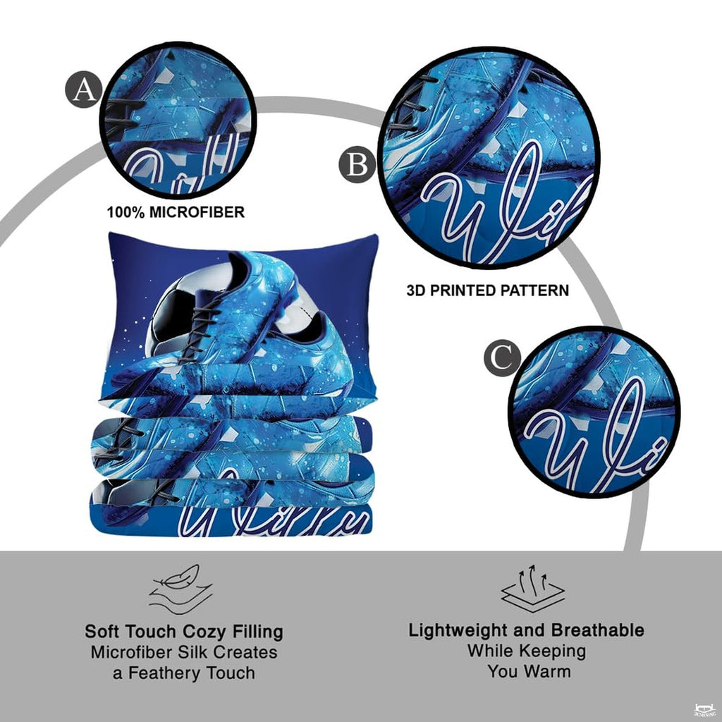 Matching pillowcase detail for athletic bedding set showcasing blue soccer shoes and jersey numbering