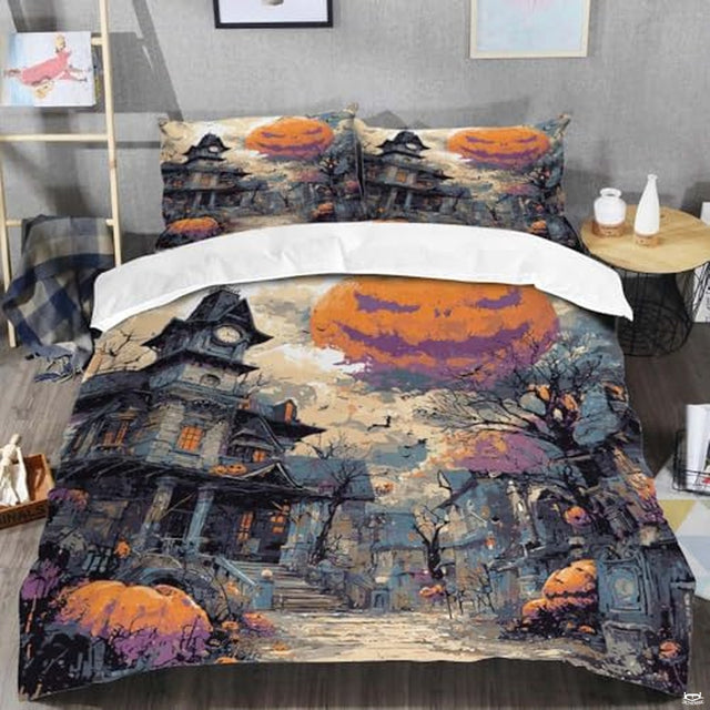 Angled bedroom setup showing bed styled with Victorian haunted mansion bedding.