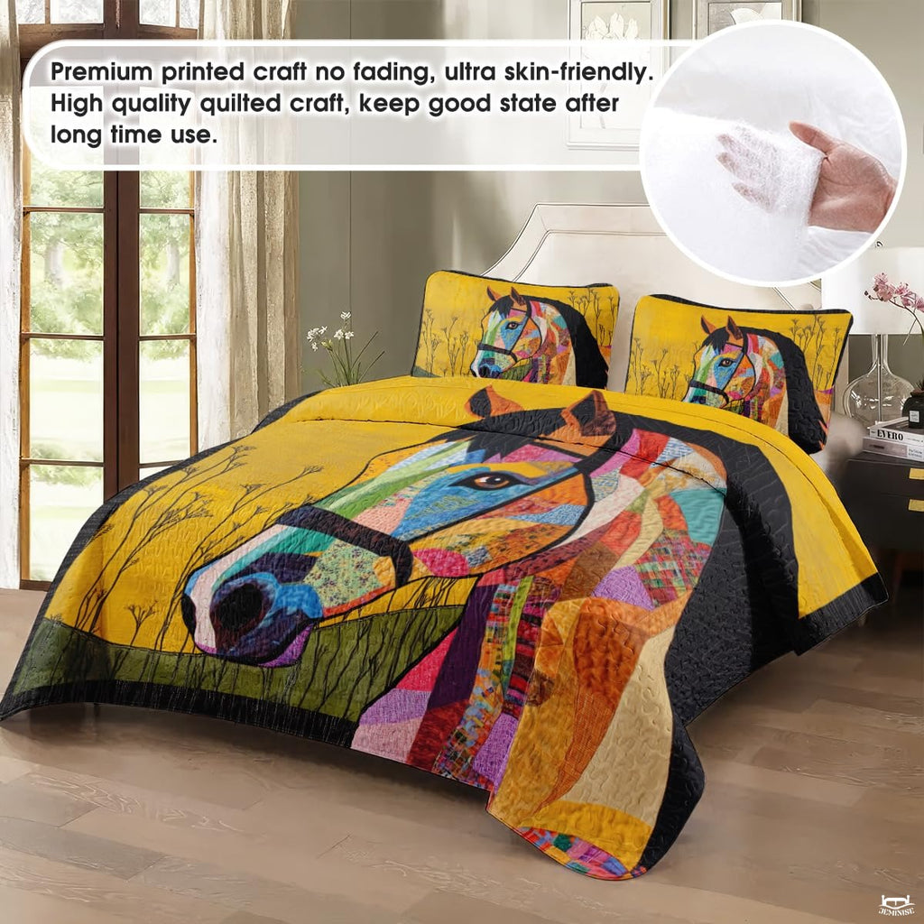 Horse Patchwork Pattern Quilt, Animal Farmhouse Quilt Set Patchwork Style, Premium Pattern Printed Quilts, Bedding Present for Mother Christmas