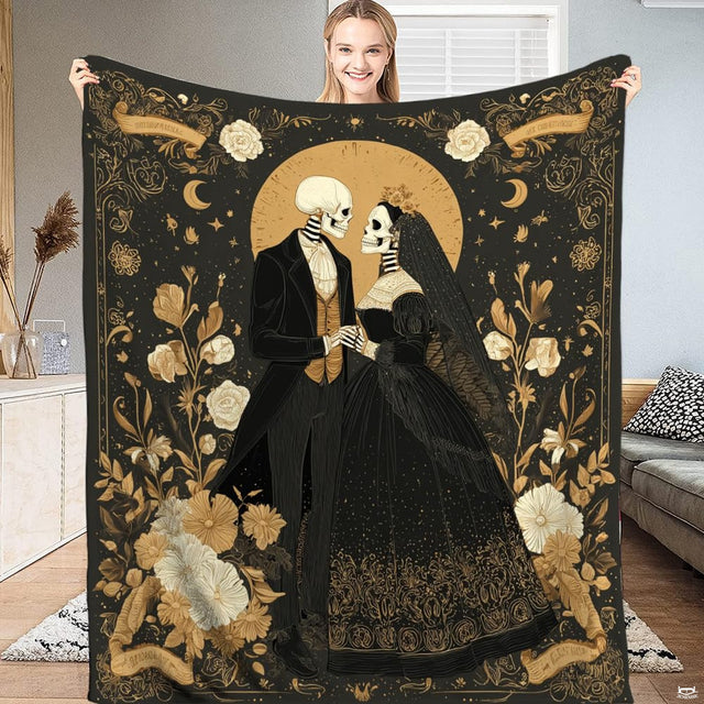 Gothic skeleton wedding throw blanket featuring bride and groom under golden moon surrounded by roses