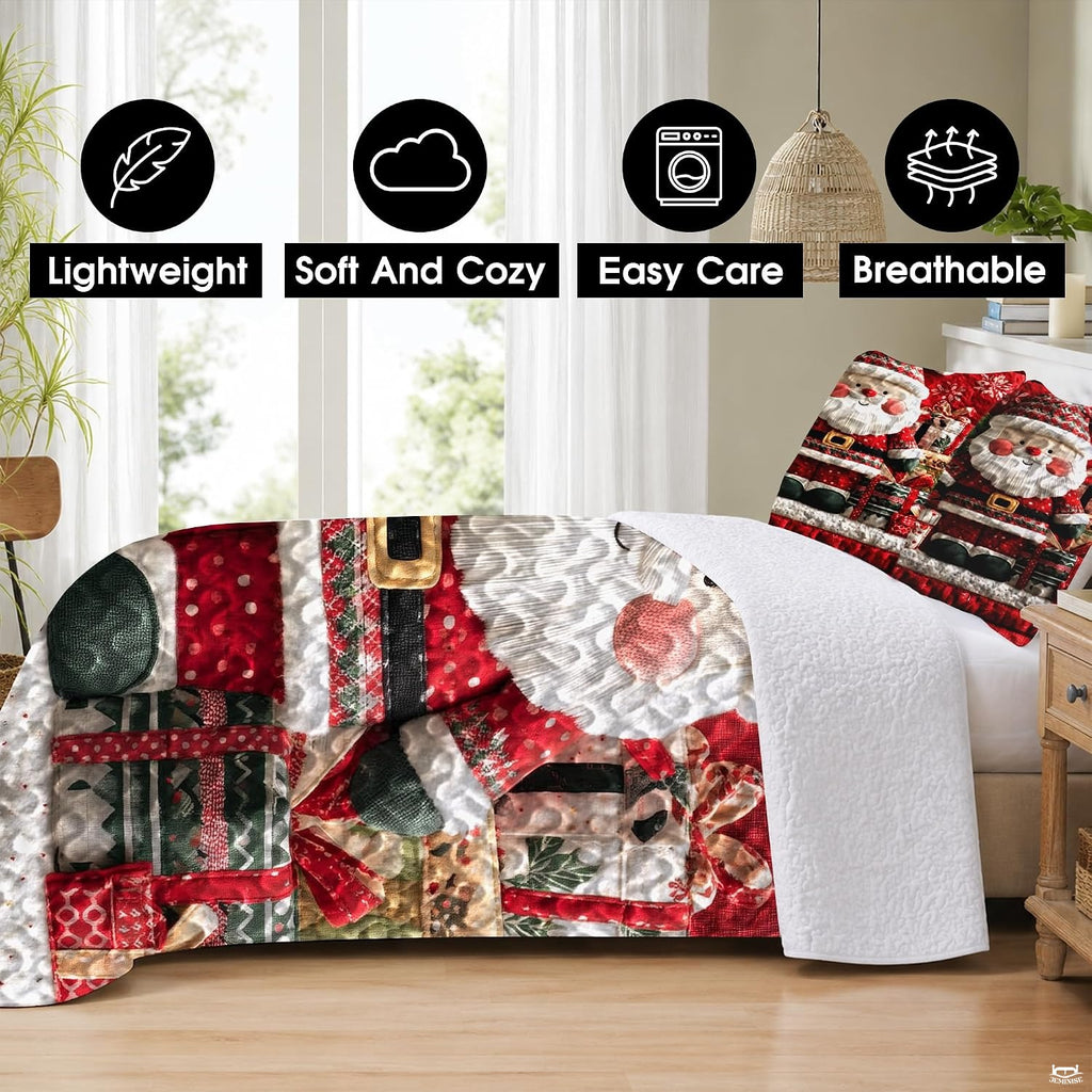 Close-up of Santa Claus bedding set artwork highlighting rich red tones, festive patterns, and joyful winter thematic accent.