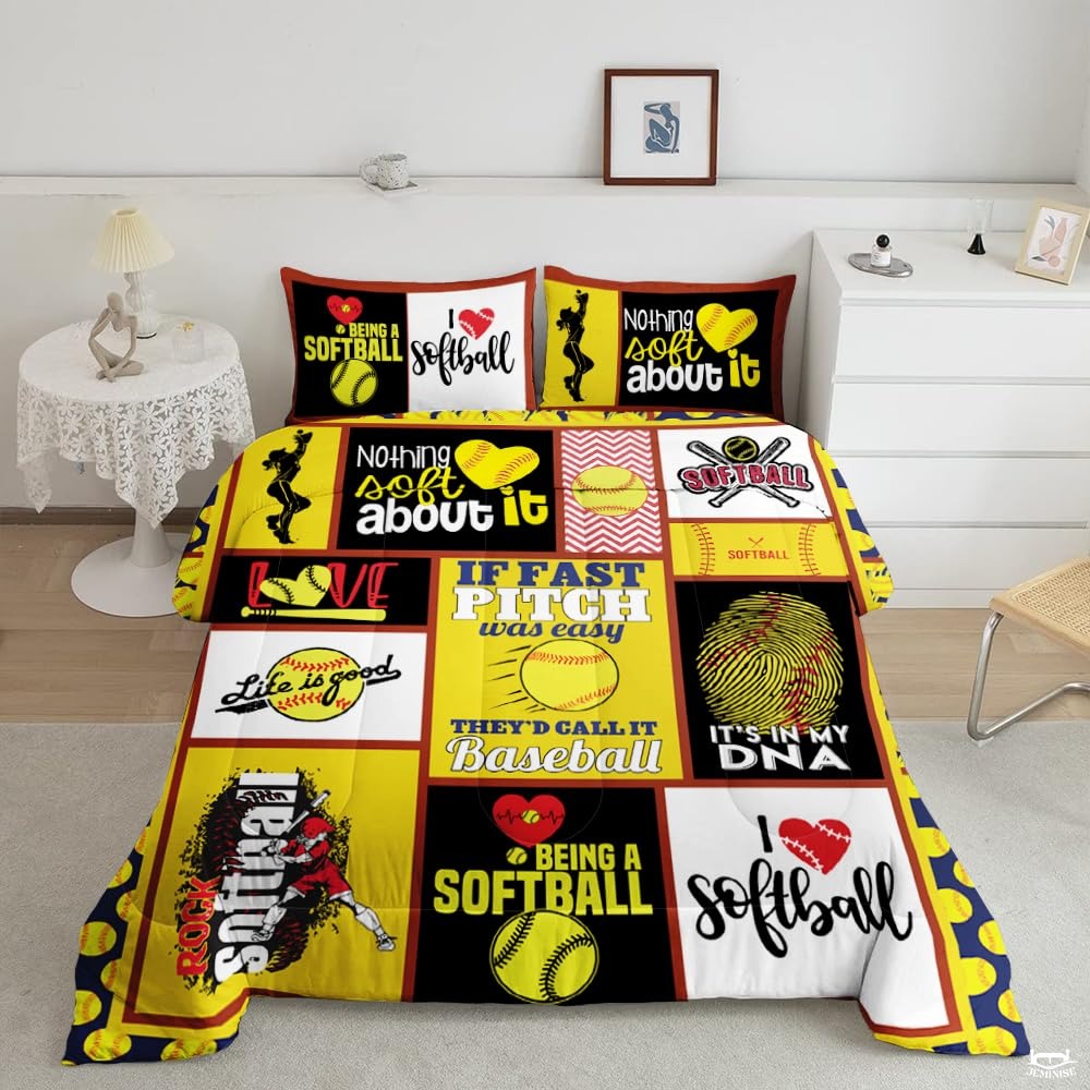 Softball Bedding Set for Softball Lover Ball Sports Theme Bedding Twin Comforter Set Girls Women Bright Teal Yellow Room Decorative Comforter Set - Twin,Queen,King Size Set Bed
