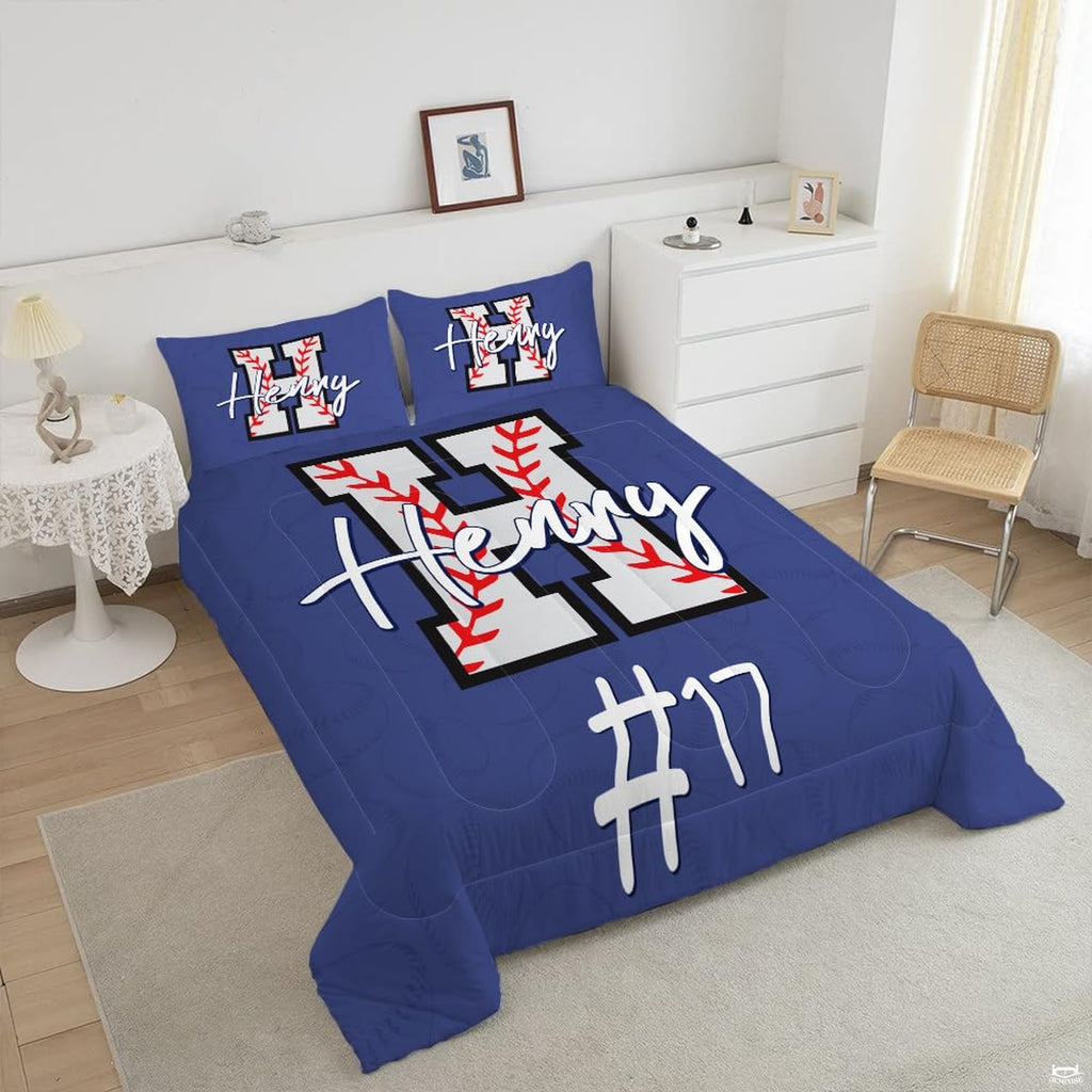Bedroom styling with royal blue baseball sports bedding set.