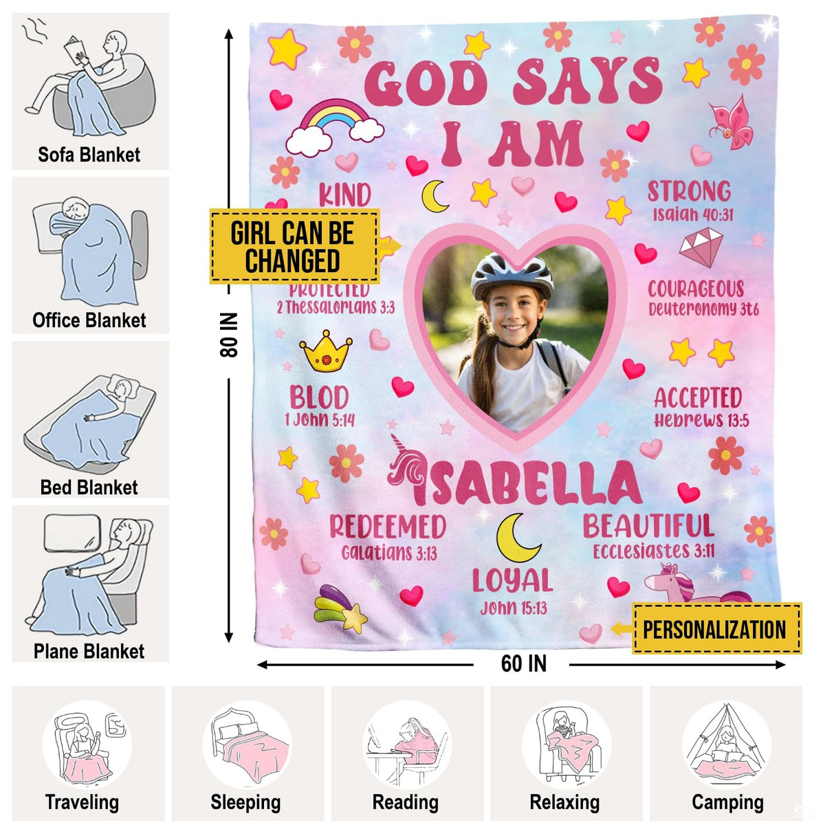Overhead presentation of pastel faith affirmation graphic blanket
